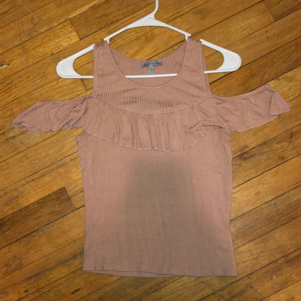 Champagne colored, open shoulder, top